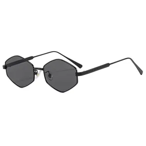 Matte black hexagonal metal sunglasses with dark lenses for retro punk streetwear style