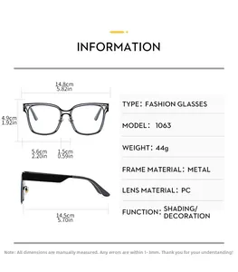 Detailed size chart of square hollow metal frame glasses showing full dimensions and weight