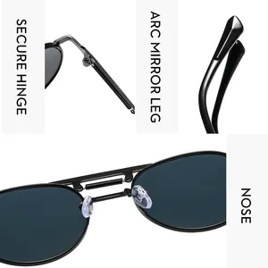 Détails des charnières renforcées, des branches courbées et des plaquettes de nez des lunettes