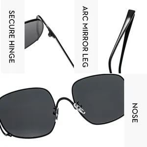Vue détaillée des lunettes de soleil carrées noires avec charnières et branches