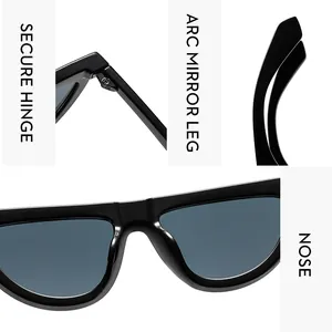 Close-up of secure hinges, curved mirror legs, and ergonomic nose pads of black cat eye sunglasses