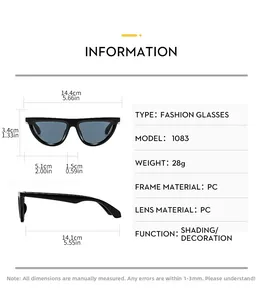 Detailed size chart and specifications for vintage cat eye sunglasses model 1083