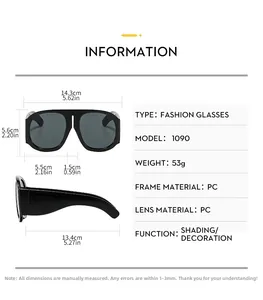 Detailed size chart for retro oversized aviator sunglasses with full PC frame dimensions
