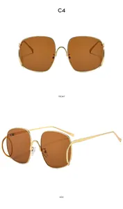 Vues de face et de côté de lunettes de soleil dorées à monture carrée et verres bruns