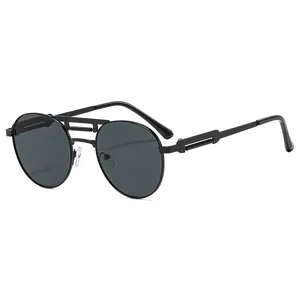Lunettes aviateur rondes rétro en métal noir mat avec double pont et branches texturées