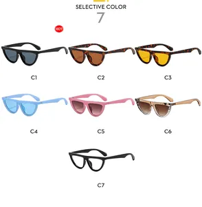 Matrix display of retro cat eye sunglasses available in seven diverse color variations