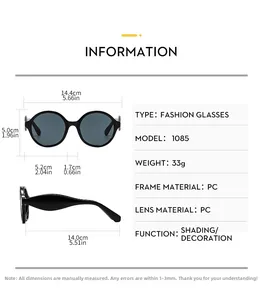 Detailed size chart for retro round sunglasses showing frame dimensions and PC material