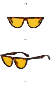 Detailed front and side view of cat-eye sunglasses with tortoise frame and yellow lenses