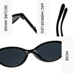 Detail view of reinforced hinges, curved temples, and nose pads of black cat eye sunglasses