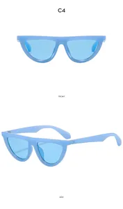 Front and side views of vintage cat eye sunglasses with light blue frames and lenses