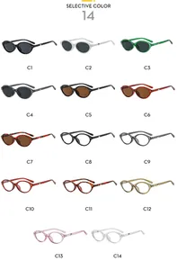 Grid layout showing 14 color options of Y2K cat-eye sunglasses with metal stud accents
