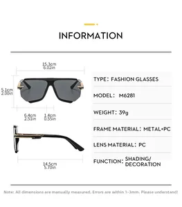 Tableau détaillé des tailles pour lunettes de soleil rétro hip-hop avec dimensions