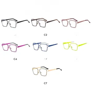 Close-up of square frame blue light glasses in seven distinct metallic color options