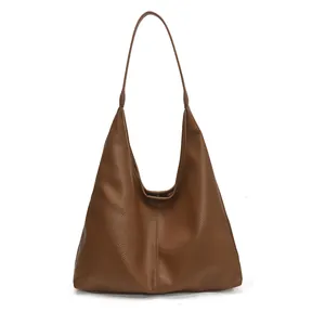 Brown lychee grain leather hobo shoulder bag with integrated strap and large capacity