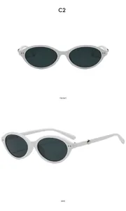 Front and side views of Y2K cat-eye oval sunglasses with white frames and grey lenses