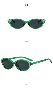 Front and side macro views of vintage Y2K cat-eye sunglasses with green jelly frame