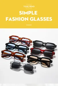 Close-up of square sunglasses collection featuring vintage rivets and colorful lenses
