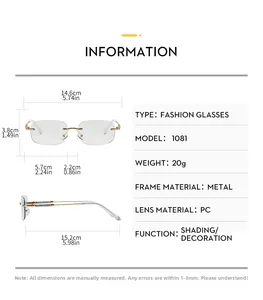 Tableau des tailles pour lunettes de soleil Y2K sans monture avec détails des dimensions