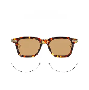 Détail de lunettes de soleil carrées écaillées avec verres bruns et charnières dorées