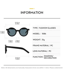 Schéma technique des lunettes de soleil rondes avec mesures et spécifications du matériau PC
