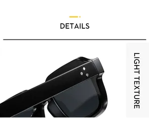Close-up of black square sunglasses with metallic triple-rivet hinge detail
