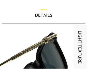 Détail de lunettes noires avec branches en métal doré à texture tressée et charnières