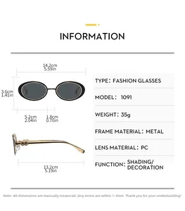 Detailed size chart for retro oval sunglasses with metal temples and PC lenses