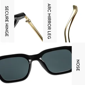Détail de lunettes de soleil carrées avec charnière renforcée et branches dorées