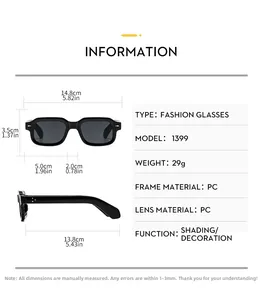 Detailed size chart for square sunglasses showing lens width and frame dimensions