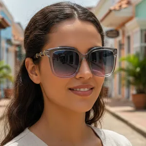 Retro square sunglasses with gray transparent frame and gradient lenses for women