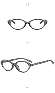 Front and side view of Y2K cat-eye sunglasses with transparent grey frames and silver studs
