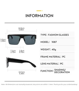 Detailed size chart for oversized square sunglasses showing frame and lens dimensions