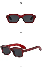 Front and side view of square burgundy sunglasses with silver stud accents