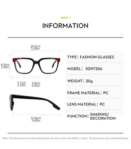 Detailed size chart for square frame blue light blocking glasses with measurements