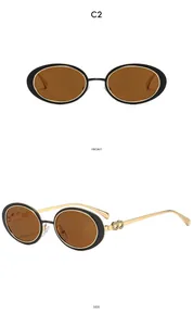 Front and side views of oval sunglasses with gold hollow ring temple detail and nose pads