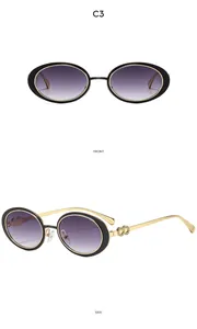 Detailed front and side view of oval sunglasses with purple lenses and gold hinges