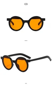 Vues de face et de côté de lunettes de soleil rondes noires avec verres orange rétro