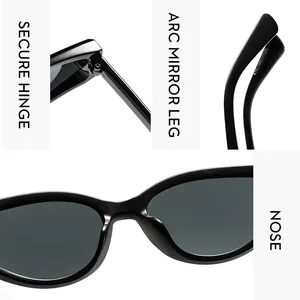 Detail view of cat eye sunglasses showing secure hinges and anti-slip arc mirror legs