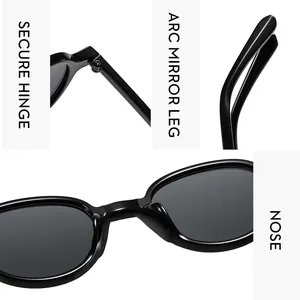 Detail view of secure metal hinges and ergonomic arc mirror legs on black sunglasses