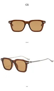 Vues de face et de côté de lunettes ambre avec branches en métal argenté ciselé