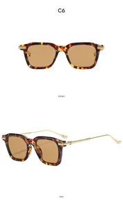 Vues détaillées de face et de côté de lunettes de soleil carrées vintage avec branches dorées