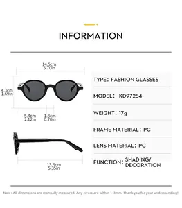 Detailed size specifications for KD97254 round frame sunglasses with 145mm frame width