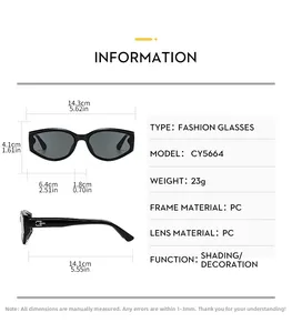 Detailed size chart for retro cat eye sunglasses showing frame dimensions and measurements