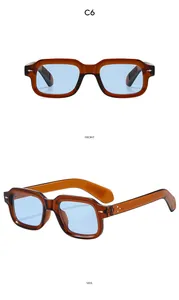Square tortoise frame sunglasses with blue lenses, showing front and side views