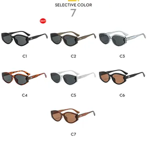 Detailed grid showing seven color variations of retro cat eye sunglasses with metal accents