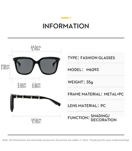 Detailed size specifications for oversized retro square sunglasses with bamboo metal temples