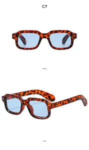 Detail view of square tortoiseshell sunglasses with light blue lenses showing front and side