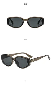 Front and side view of cat-eye sunglasses in translucent taupe frame with silver logo
