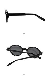 Detailed side and back view of elegant round frame black sunglasses with dark gray lenses