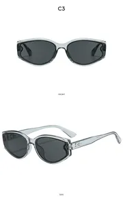 Front and side views of vintage cat-eye sunglasses with transparent grey frames and dark lenses